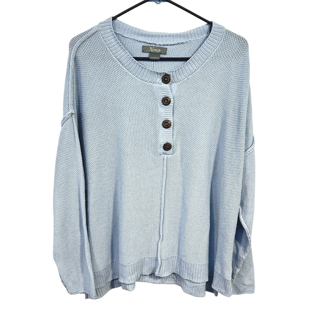 Henley Knit‎ Sweater L Light Blue Split Hem Lightweight Casual Minimalist Lounge